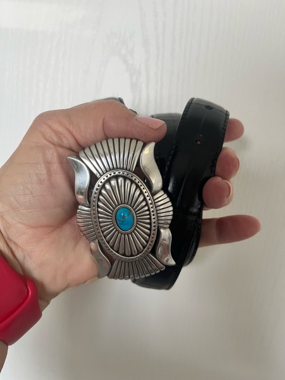 Justin Boots Black Leather Belt with Silver Concho and Turquoise Stone - Picture 7 of 7